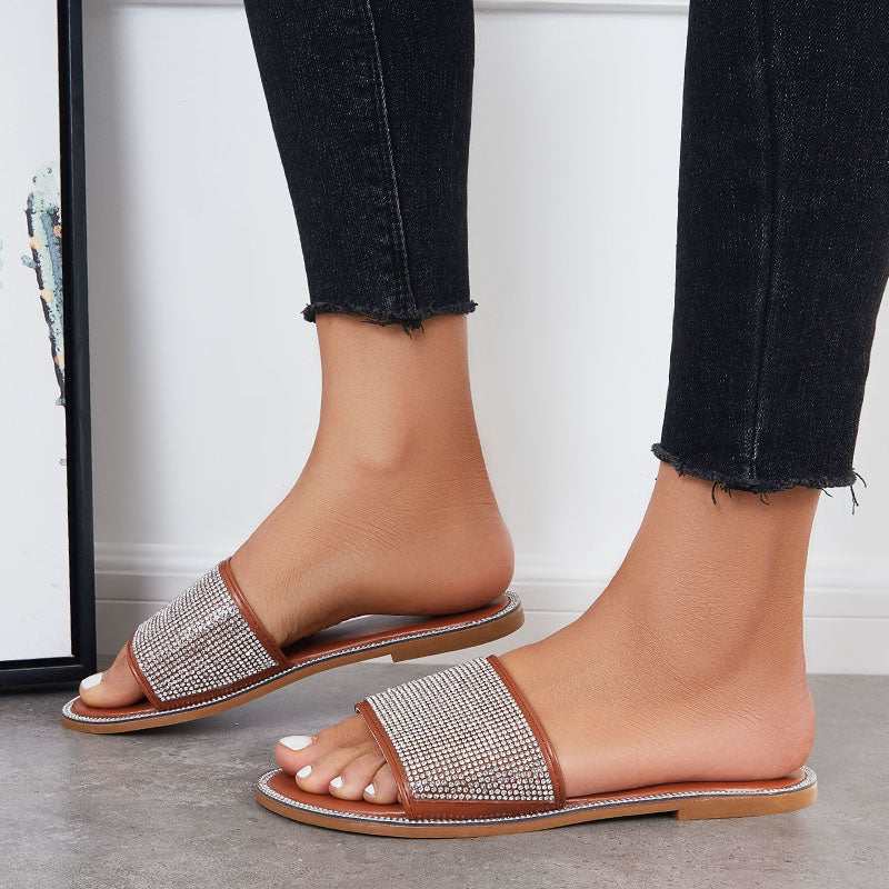 Rhinestone Slip on Flat Slide Sandals Glitter Open Toe Casual Slippers