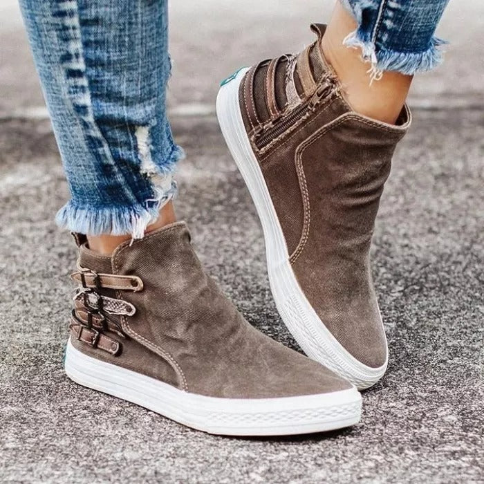 Women Zipper Buckle Flat Heel Sneakers Boots