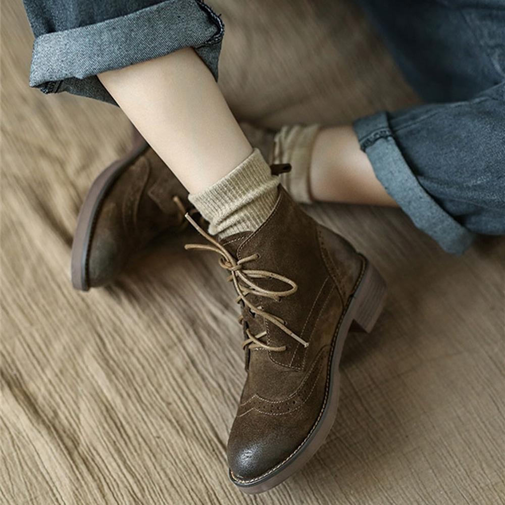 Handmade Brogue Leather Boots Women Midheel Ankle Boots With Lace Brown/Khaki