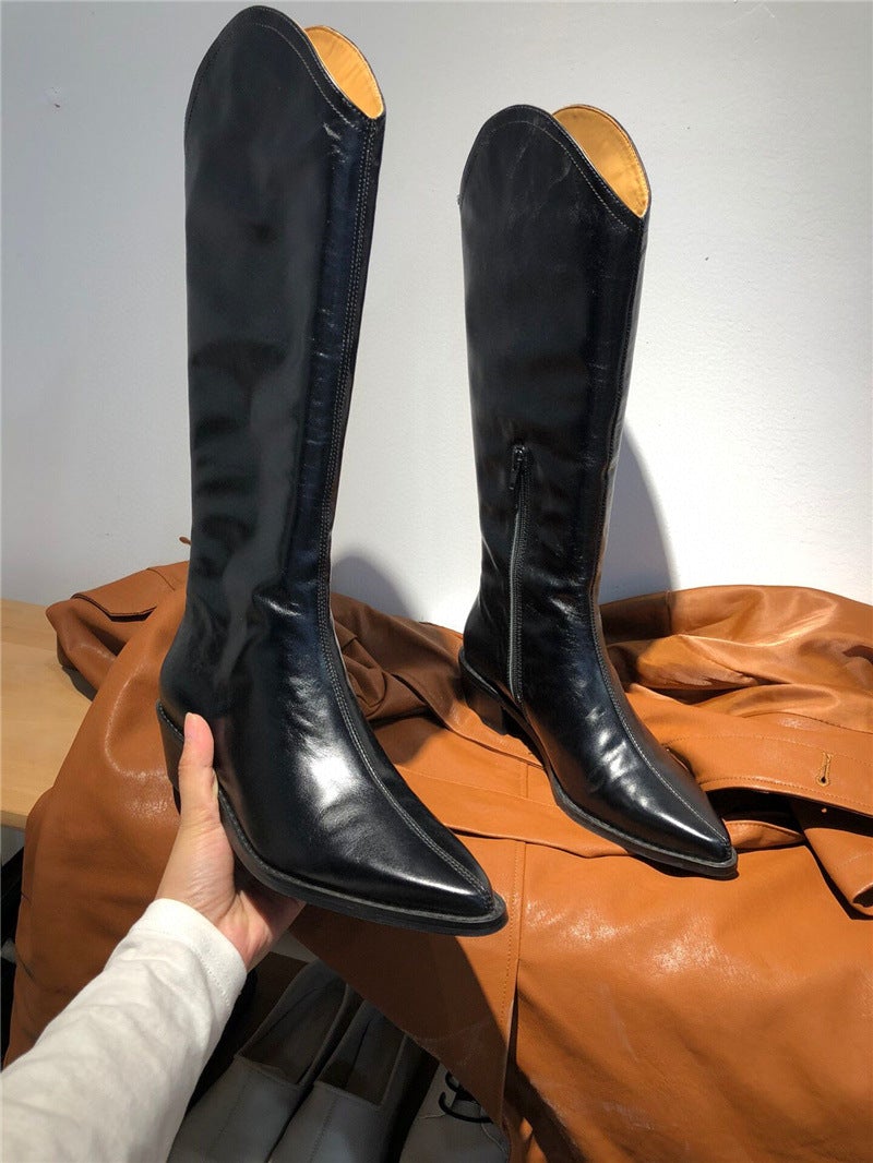 Classic Cowboy Boots with 100% Sheepskin Lining Knee High Mid Heel Side Zipper Pointed Toe Handmade Genuine Leather Black/Coffee/White
