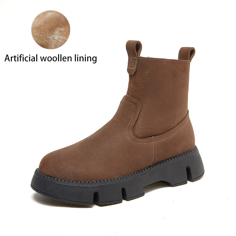 Retro Cowhide Chunky Boots Women Comfy Zip Walking Boots Gray/Apricot