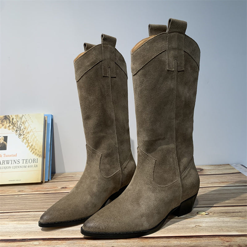 Western Boots for Womens Mid Calf suede knee boots- Black/Khaki