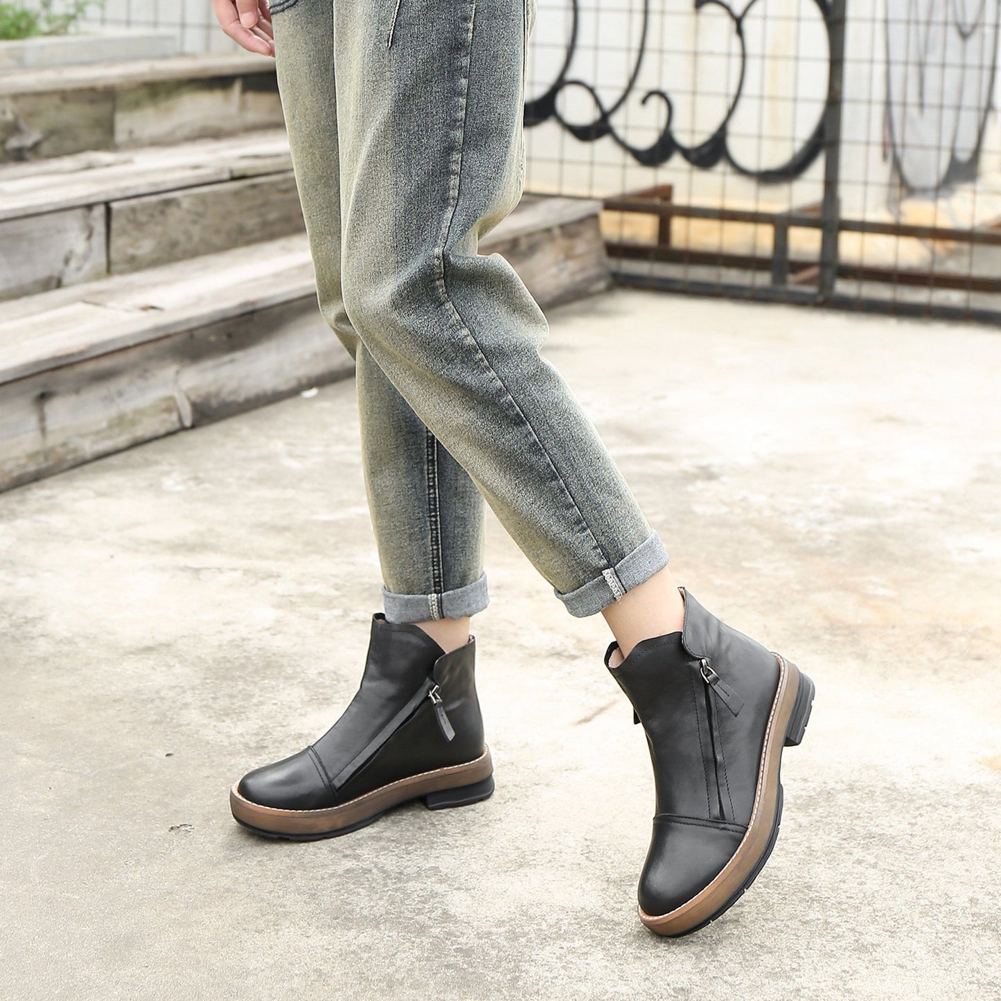 Soft Cowhide Leather Zip Boots Retro Women Chunky Ankle Boots Black/Coffee/khaki