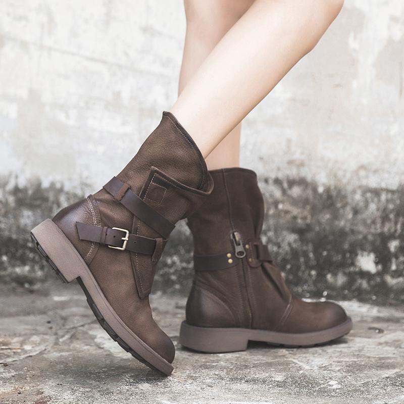 Womens Retro Leather Mid Calf Boots for Winter Buckles Boots in Coffee/Black/Grey/Deep Grey