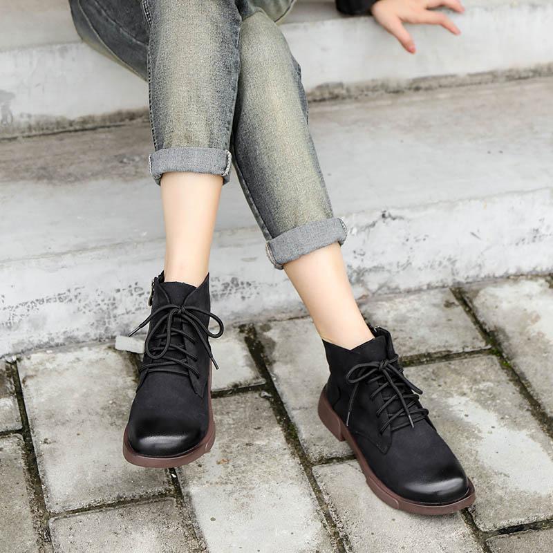 Handmade Nubuck Leather Ankle Boots Retro Round Toe Short Boots Coffee/Black