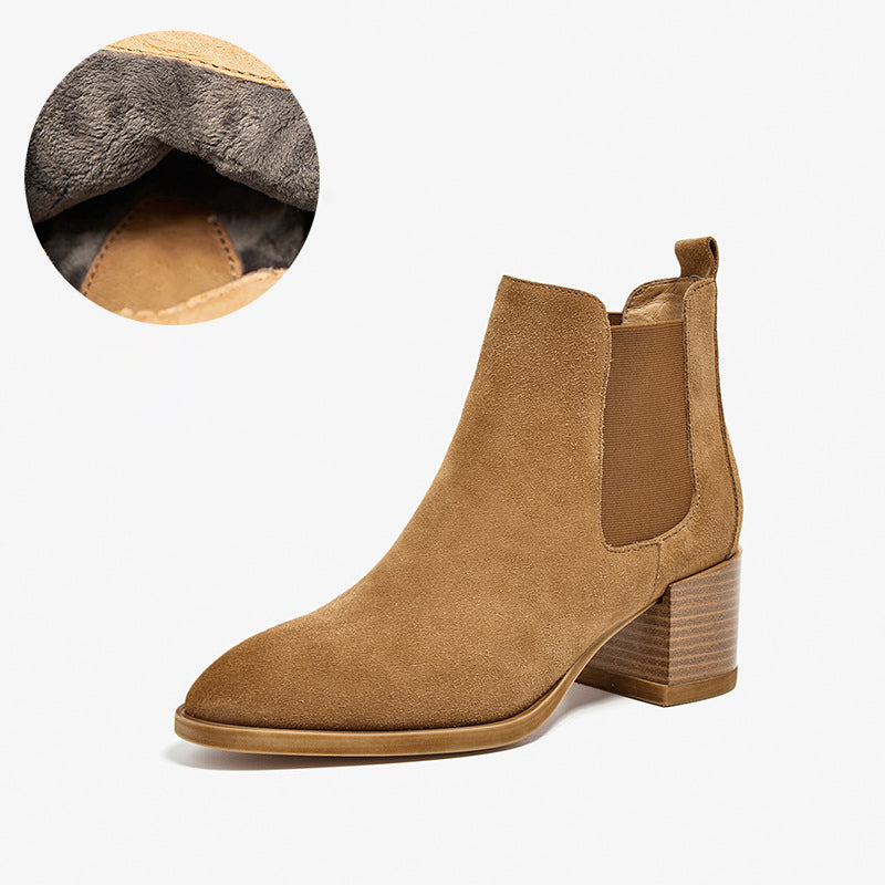 Western Boots for Women Handmade Suede Leather Boots Block Ankle Boots Brown/Apricot/Black/Brown Plush/Apricot Plush/Black Plush