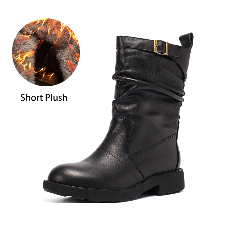 Soft Leather Mid Calf Boots Fold Design Riding Boots Short Plush Lined For Winter