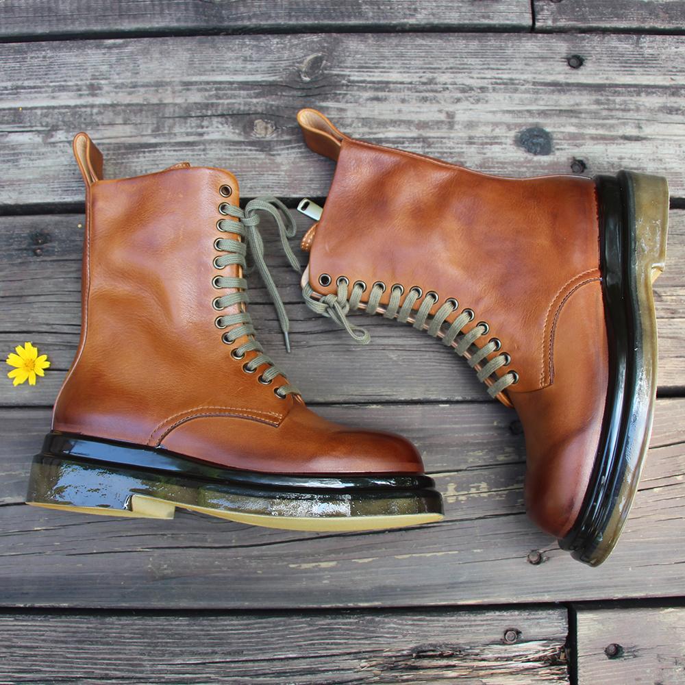 Retro Short Boots Handmade Genuine Leather Boots Women Biker Boots Lace-Up Combat Boots Chunky Ankle Boots 2020 Winter Boots Camel
