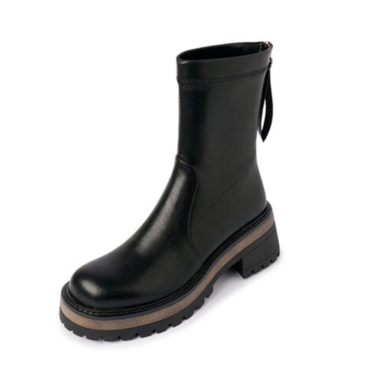 Classic Platform Chelsea Boots Handmade Genuine Leather Stretch Boots in Black/Coffee