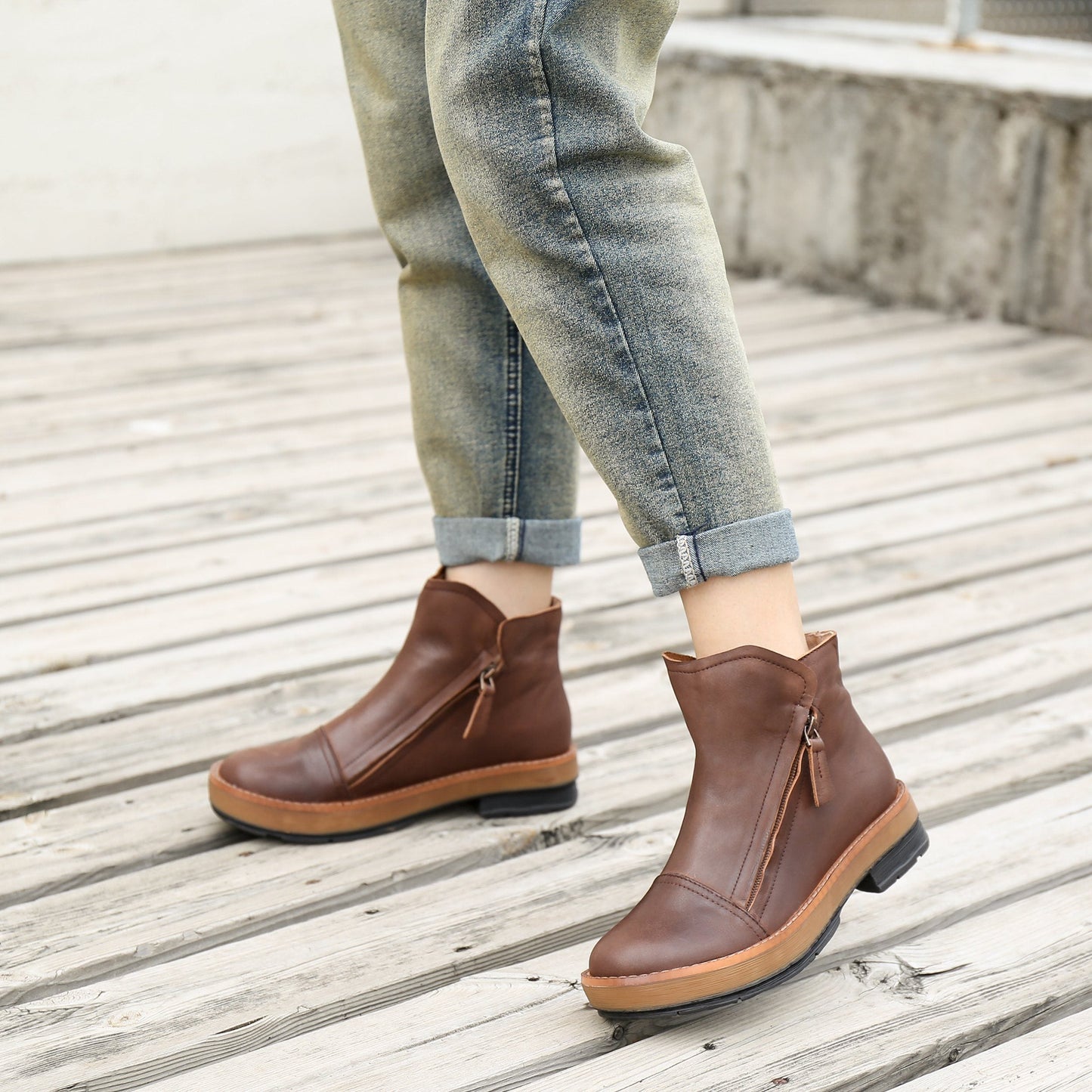 Soft Cowhide Leather Zip Boots Retro Women Chunky Ankle Boots Black/Coffee/khaki