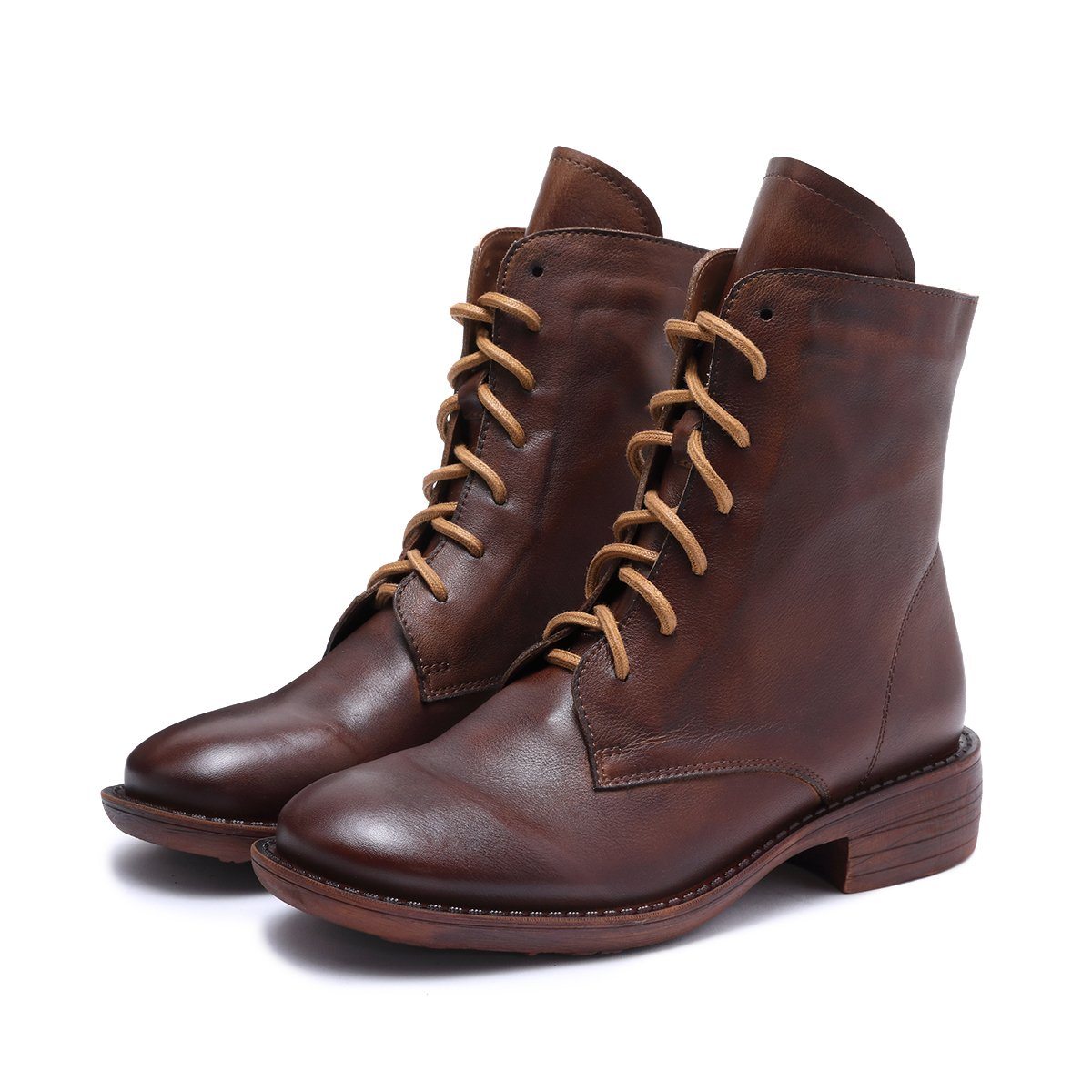 Winter Boots Handmade Genuine Leather Lace-Up Combat Boots Retro Boots Chunky Ankle Boots Black/Coffee