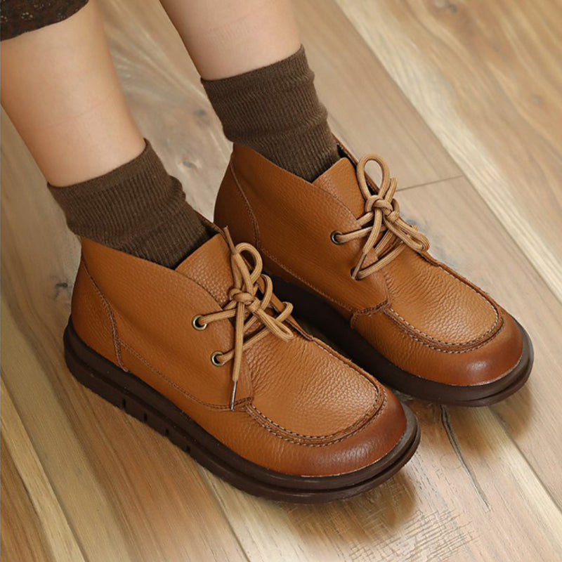 Soft Leather Ankle Boots Retro Round Toe Short Boots Women Mori Girl Boots Handmade