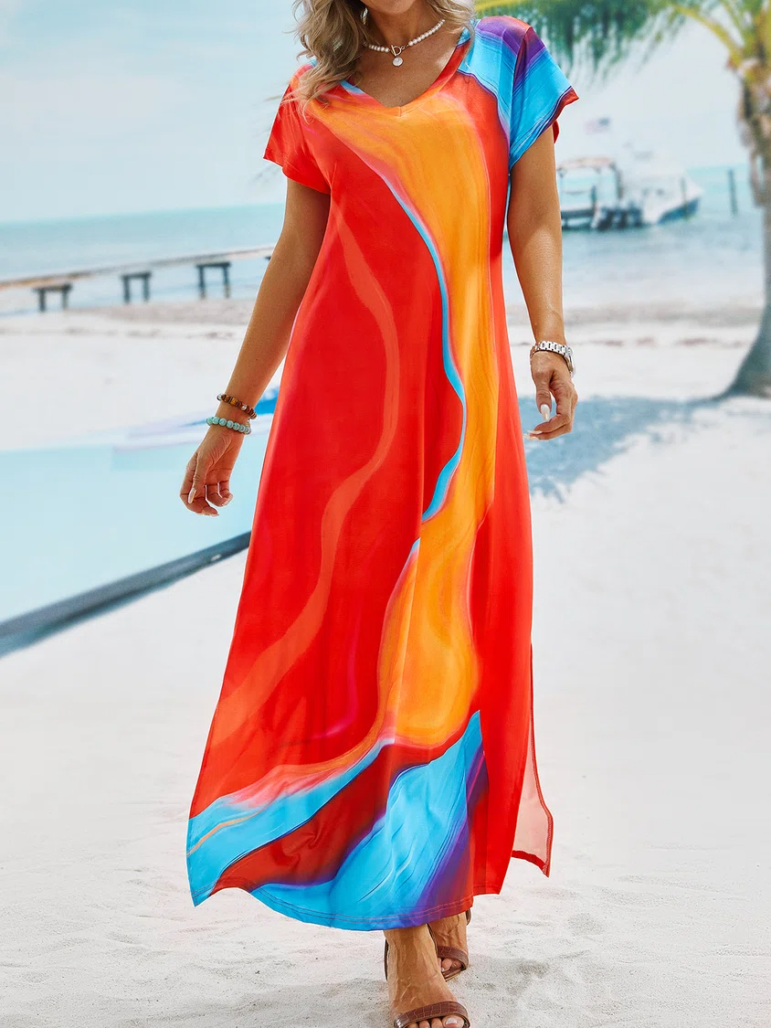Casual Short Sleeve V Neck Printed Dress