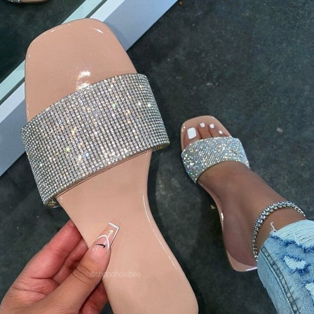 Women's Size Flat Bottom Rhinestone Square Toe Sandals