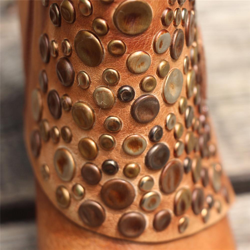 Women Leather Heeled Ankle Boots Retro Rivet Comfortable Walking Pointed Toe Camel