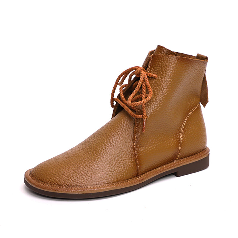Handmade Women's Leather Booties Round Toe Lace-Up Flat Ankle Boots Brown/Black/Coffee
