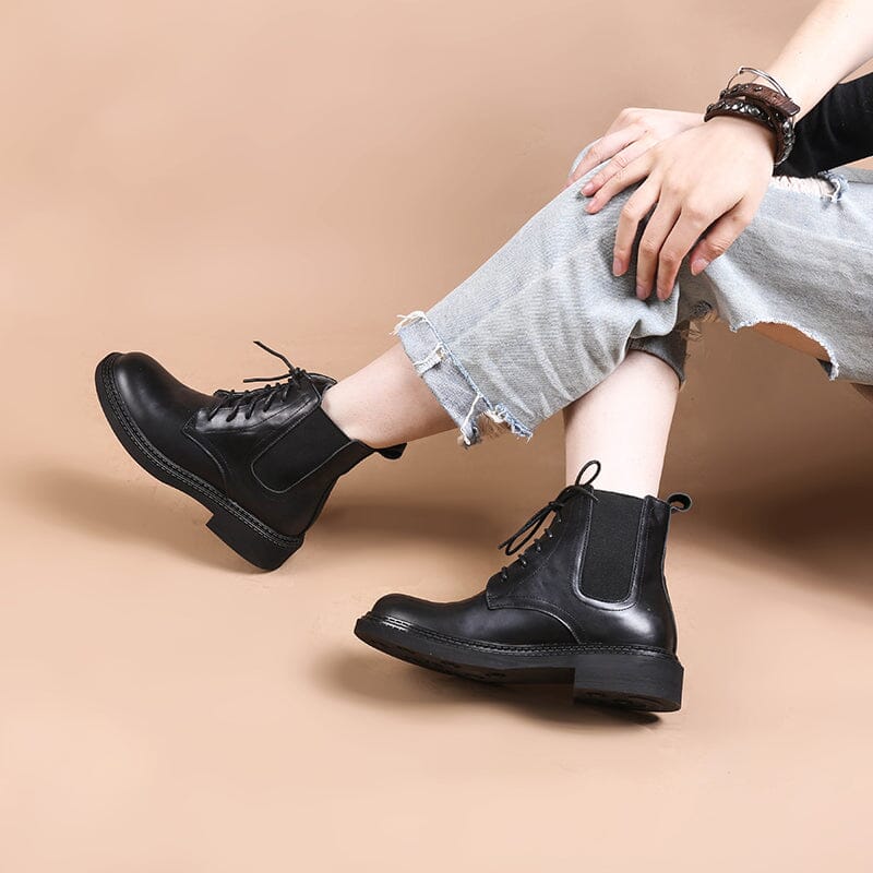 Handmade Boots Women Leather Lace-Up Oxfords Round Toe Chunky Ankle Booties