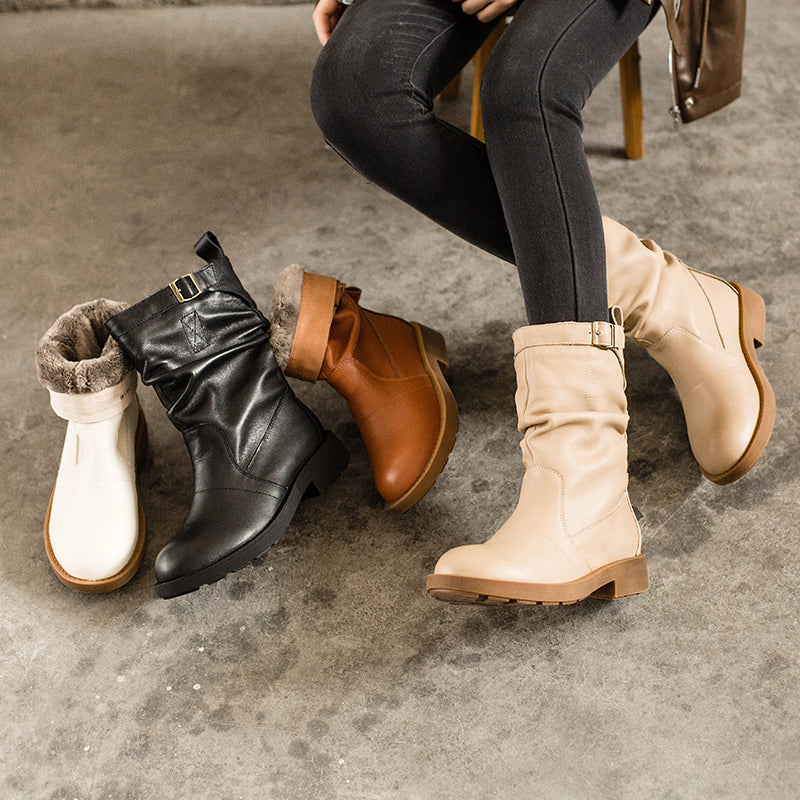 Soft Leather Mid Calf Boots Fold Design Riding Boots Short Plush Lined For Winter