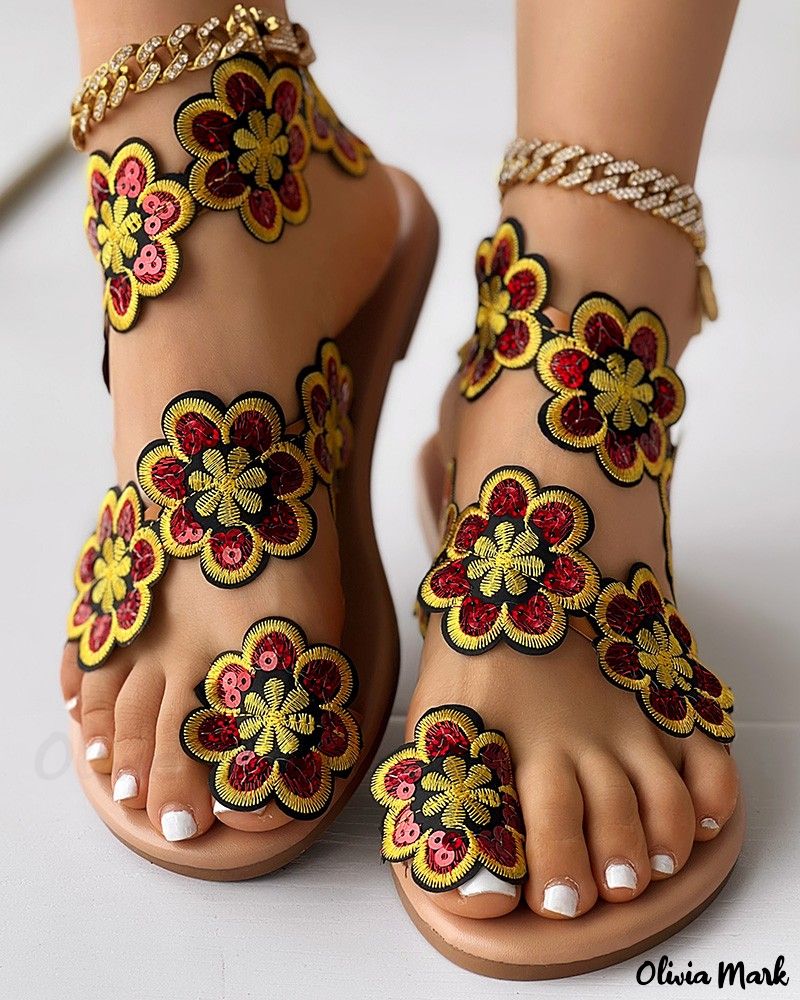 Floral Pattern Toe-Ring Flat Sandals