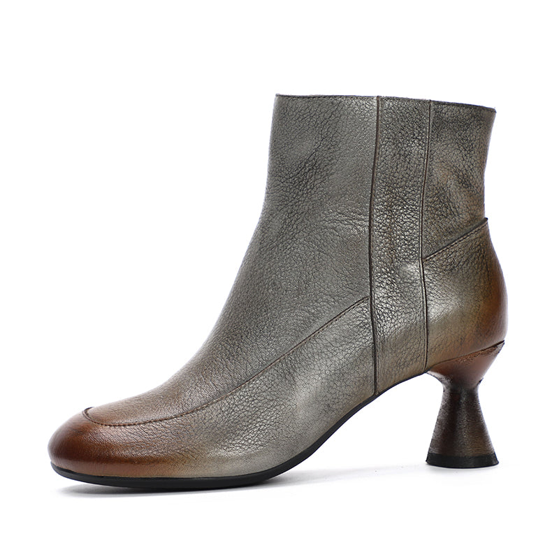 Handmade Soft Leather Kitty Heel Ankle Boots For Women Retro Round Toe Side Zipper in Coffee/Grey