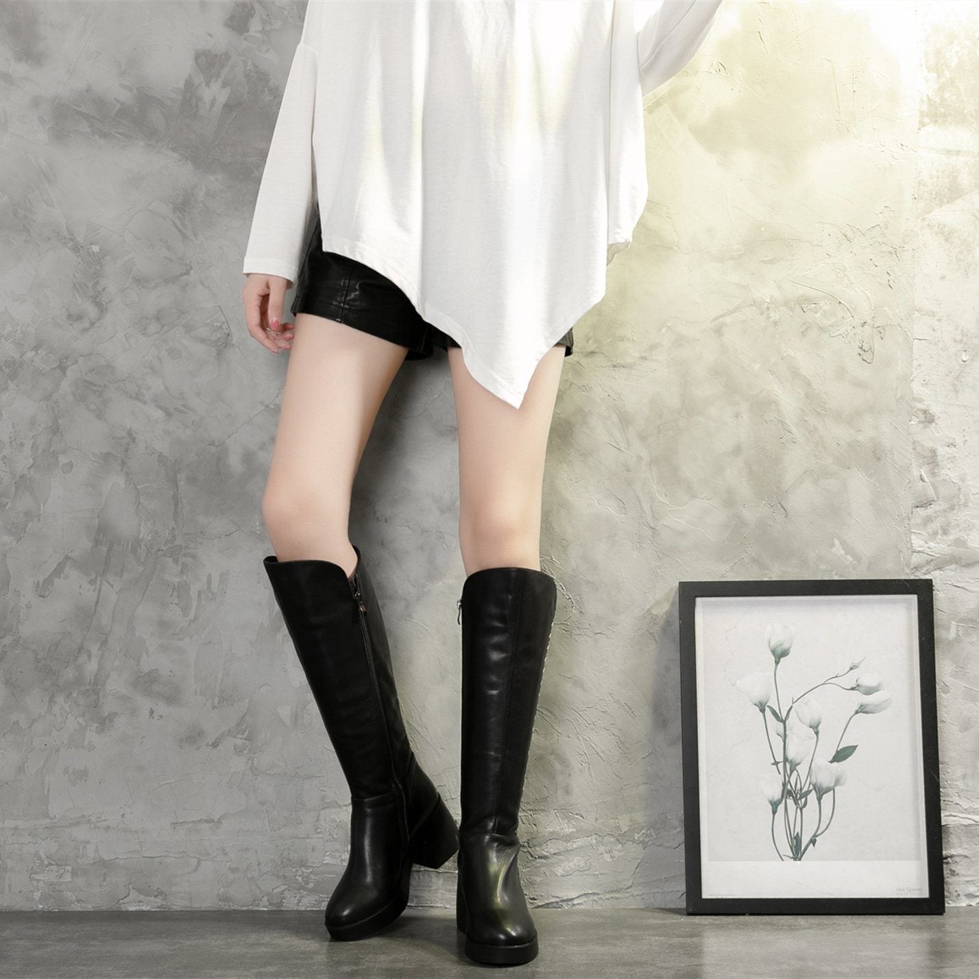 Women Leather Handmade Knee-Length Boots With Chunky Heel Short Plush Lining
