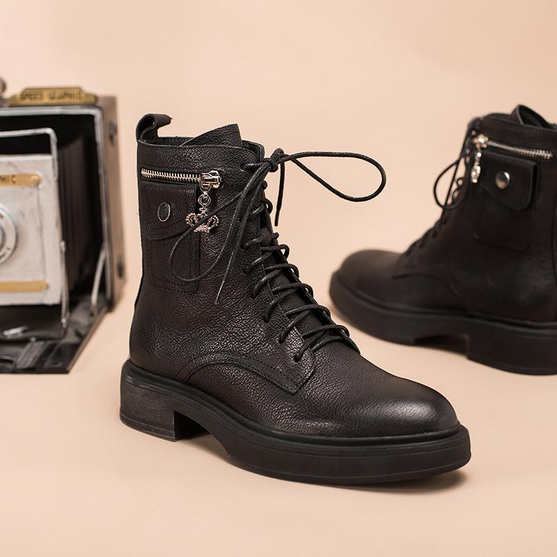 Fashion Full Grain Leather Combat Boots Designer Retro Chunky Riding Boots Side Zip Pocket Decoration Brown/Black