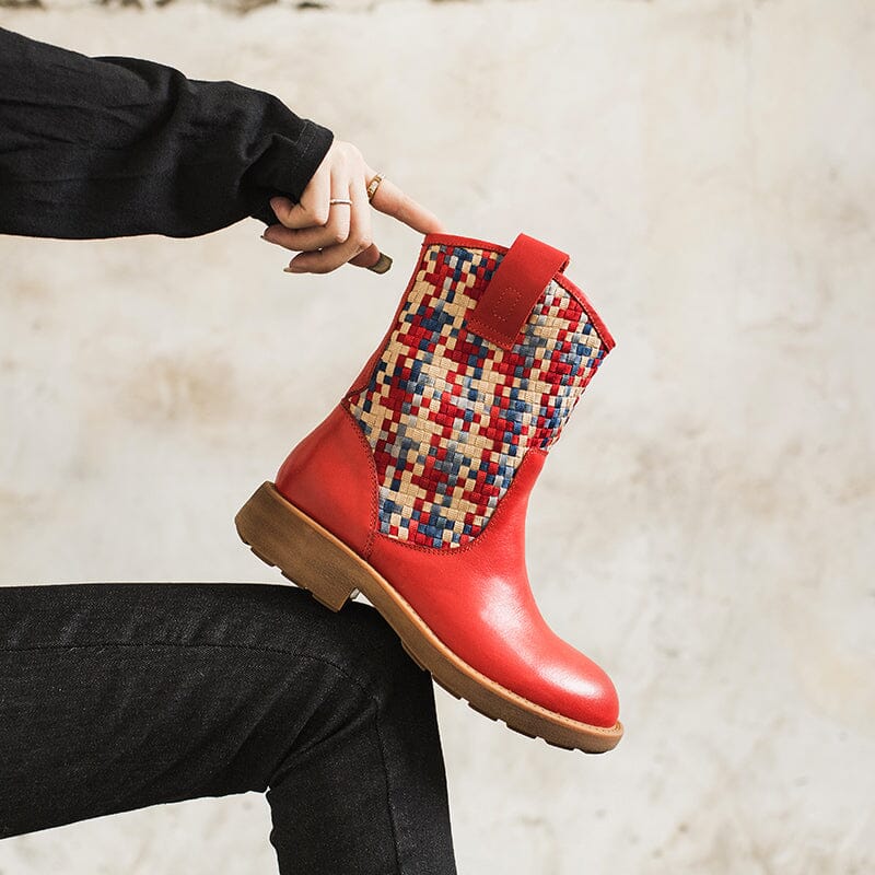 Woven Leather Boots Mid Calf Color Blocking Design Cowgirl Boots In Green/Apricot/Red/Black