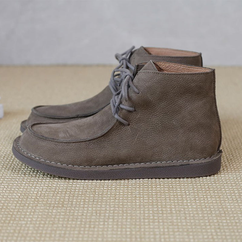 Genuine Leather Soft Flat Boots For Women Round Toe Lace Up Mori Girl Style Wide Fit Grey/Coffee