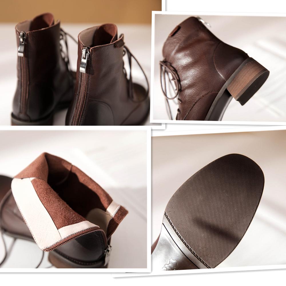 Handmade Fashion Boots Women Genuine Leather Lace-Up Oxfords Round Toe Chunky Ankle Booties Back Zipper Black/Brown