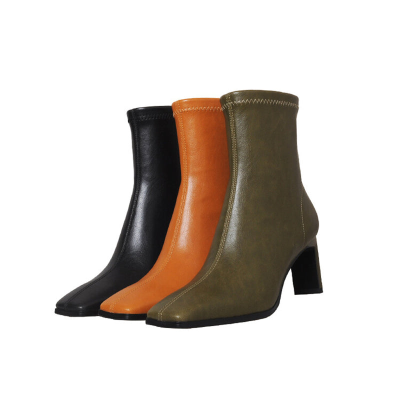 Classic Square Toe Sock Boots High Heel Stretch Boots Elastic Leather Handmade Black/Brown/Green