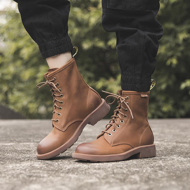 Waxing Leather Combat Boots Lace Up Snow Boots Black/Coffee