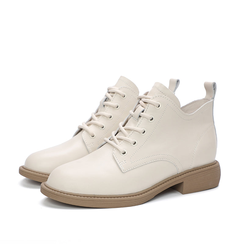 Handmade Genuine Leather Boots Lace-Up Combat Boots Retro Chunky Ankle Boots