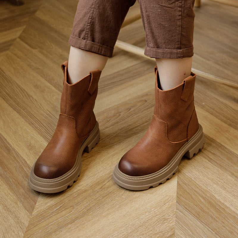 Cowhide Boots Women Comfy Zip Walking Boots Brown/Black/Coffee