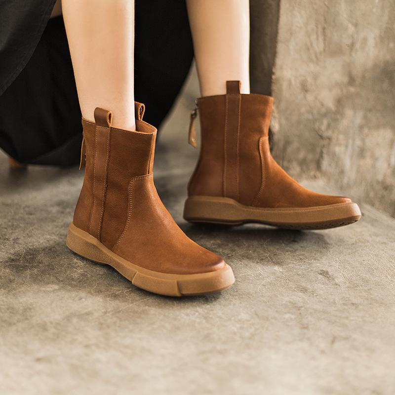 Waxing Leather Chelsea Boots Handmade British Boots Back Zip Black/Coffee/Black Short Plush/Coffee Short Plush