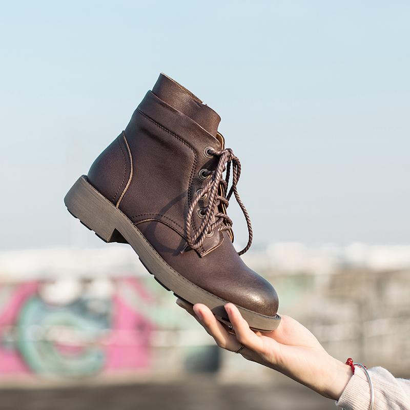 Waxing Sheepskin Leather Combat Boots Lace Up Boots Black/Coffee