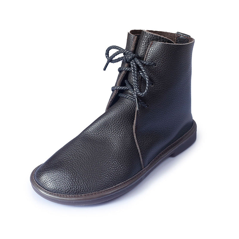 Handmade Women's Leather Booties Round Toe Lace-Up Flat Ankle Boots Brown/Black/Coffee