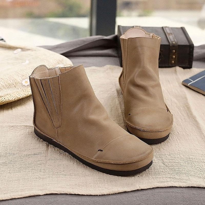 Retro Genuine Leather Soft Flat Boots For Women Round Toe Chelsea Boots Wide Fit Apricot Coffee