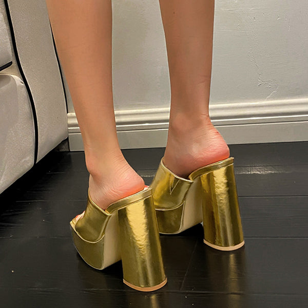 Magic Silver Laser Platform Chunky Heeled Slippers