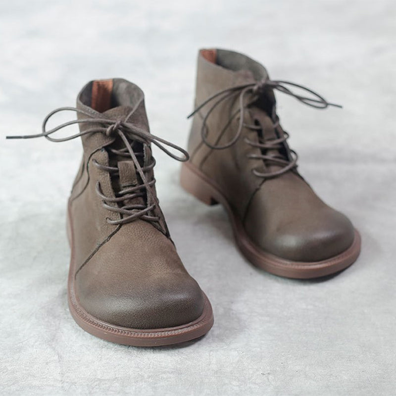 Wide Toes Handmade Genuine Leather Boots Lace-Up Combat Boots Retro Chunky Ankle Boots