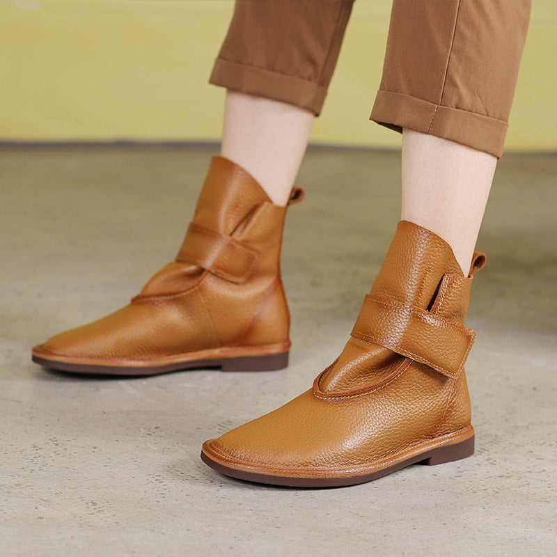 Handmade Women's Leather Booties Round Toe Velcro Flat Ankle Boots Brown/Black/Coffee