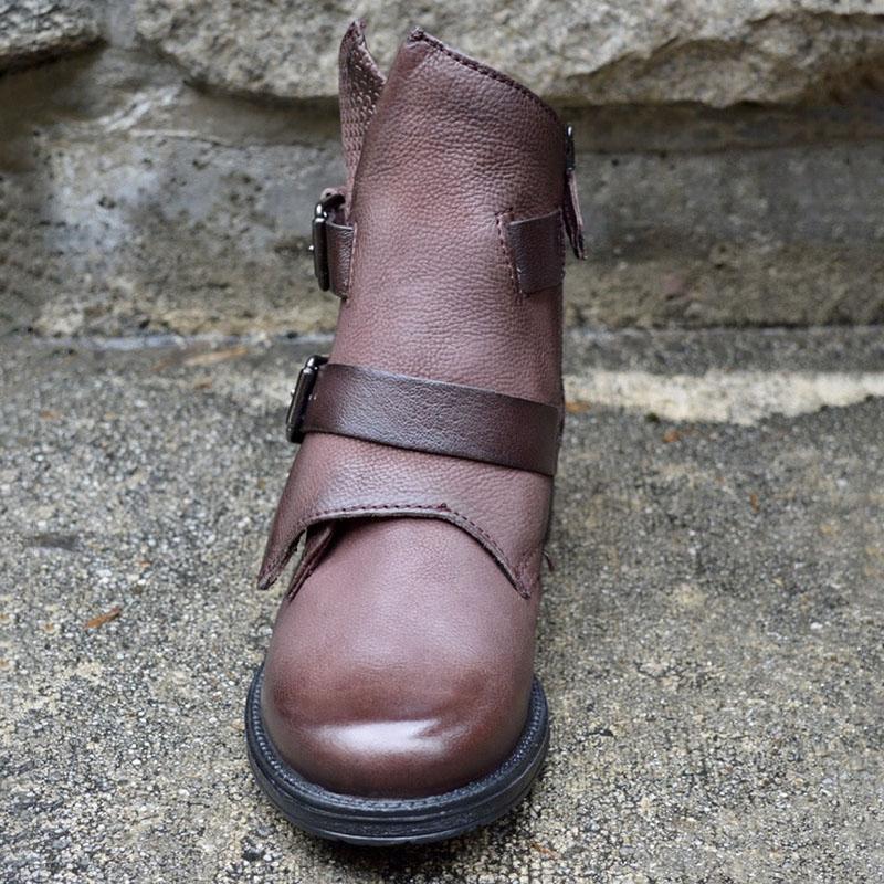 Women's Trendy Vintage Leather Booties With Buckle