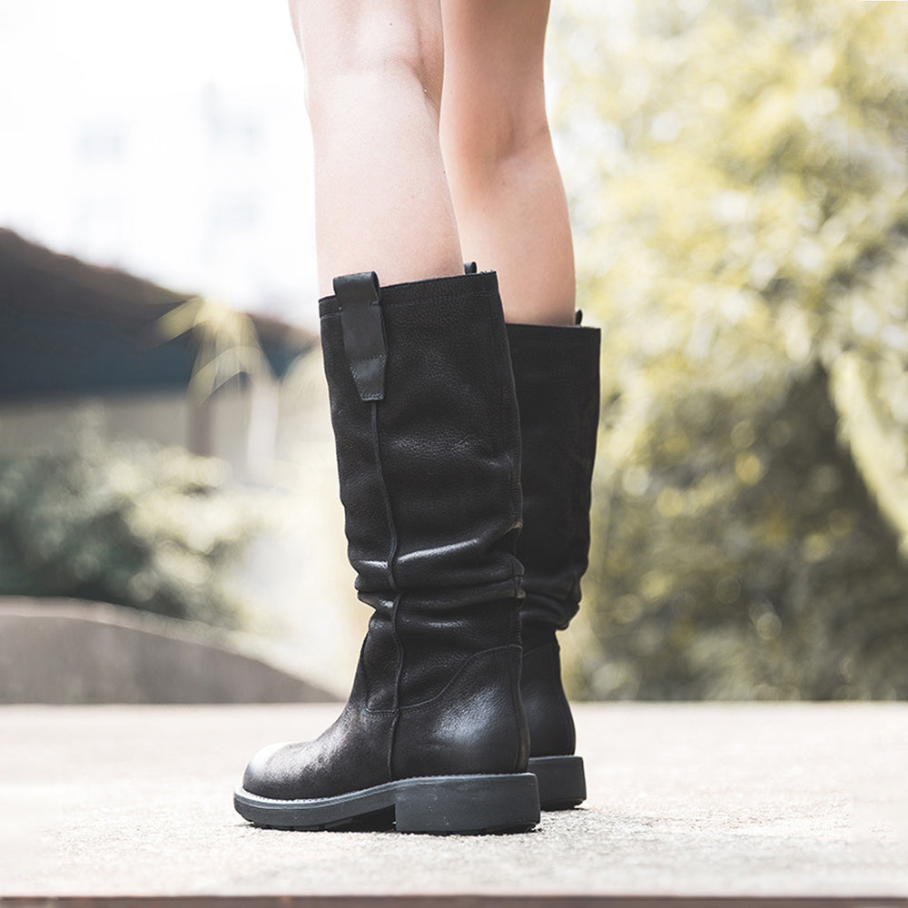 Nubuck Leather Mid Calf Boots Fold Design Riding Boots Short Plush Lined Or Leather For Choice Coffee/Black