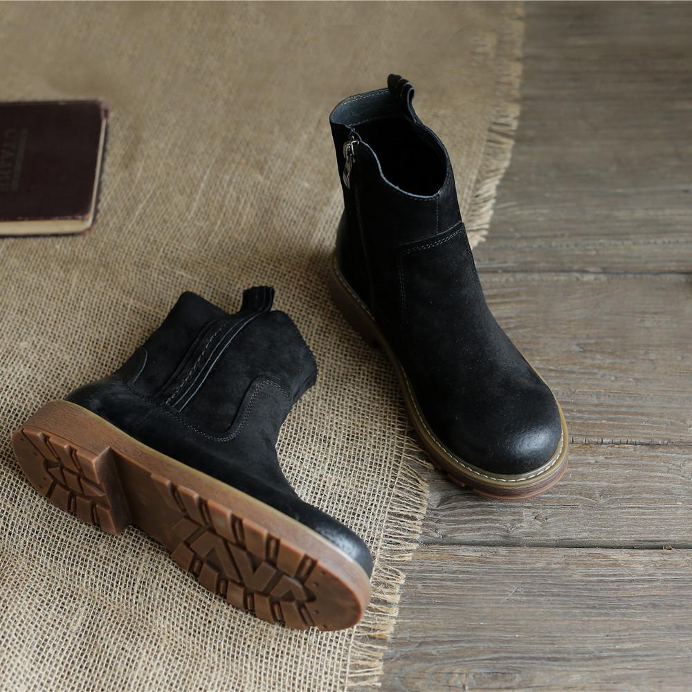 Womens Handmade Leather Ankle Boots Short Boots Side Zipper in Brown/Black