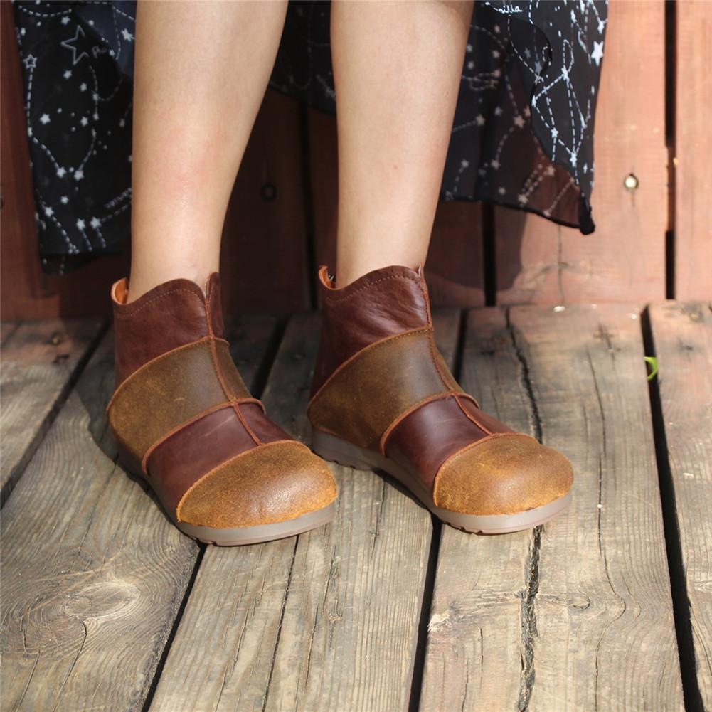 Women Handmade Leather Flats Loafers Boots Color Blocking Ankle Boots Original Design Coffee/Black