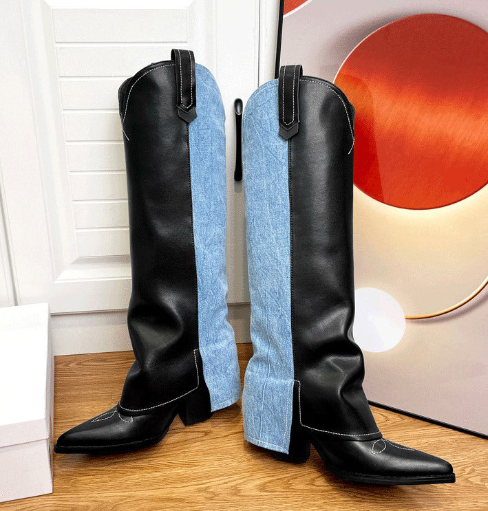 Wide-Shaft Wedge Leather Boots Riding Boots for Women In Black/Blue - Foldover Leather Tall Boots