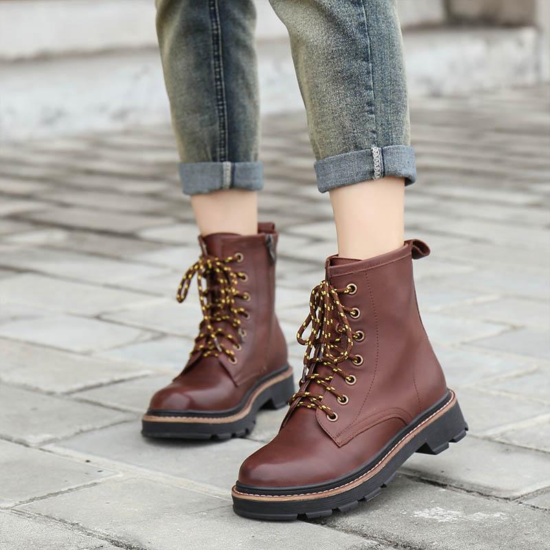 Women Leather Lace-Up Oxfords Round Toe Ankle Booties Black/Coffee