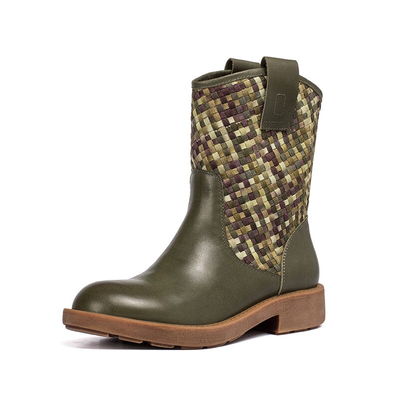 Woven Leather Boots Mid Calf Color Blocking Design Cowgirl Boots In Green/Apricot/Red/Black