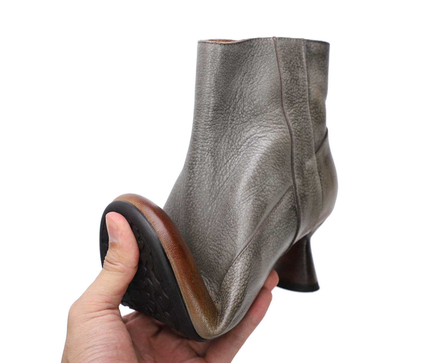 Handmade Soft Leather Kitty Heel Ankle Boots For Women Retro Round Toe Side Zipper in Coffee/Grey