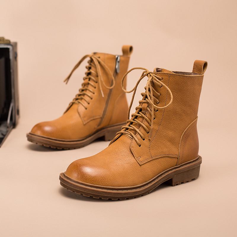 Retro Leather Combat Boots Designer Retro Chunky Riding Boots Side Zip Handmade Dark Yellow/Coffee/Black