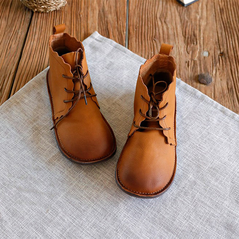 Women's Leather Booties Round Toe Lace-Up Flat Ankle Boots Handmade in Brown/Coffee
